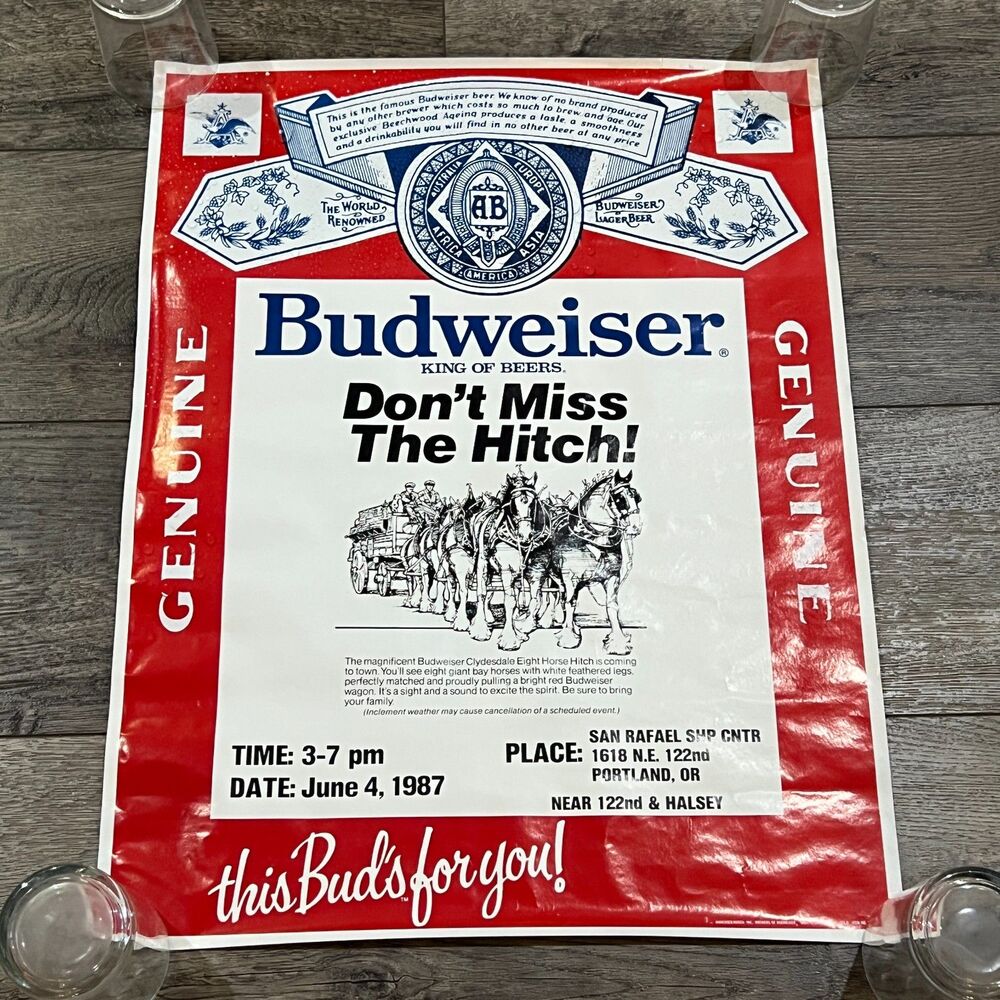 Vintage 1987 Budweiser Clydesdales “Don’t Miss the Hitch” Poster Portland OR